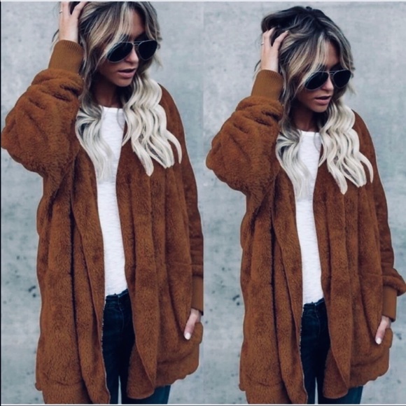 Rich Dark brown Sherpa soft hooded jacket wpockets - Picture 2 of 2